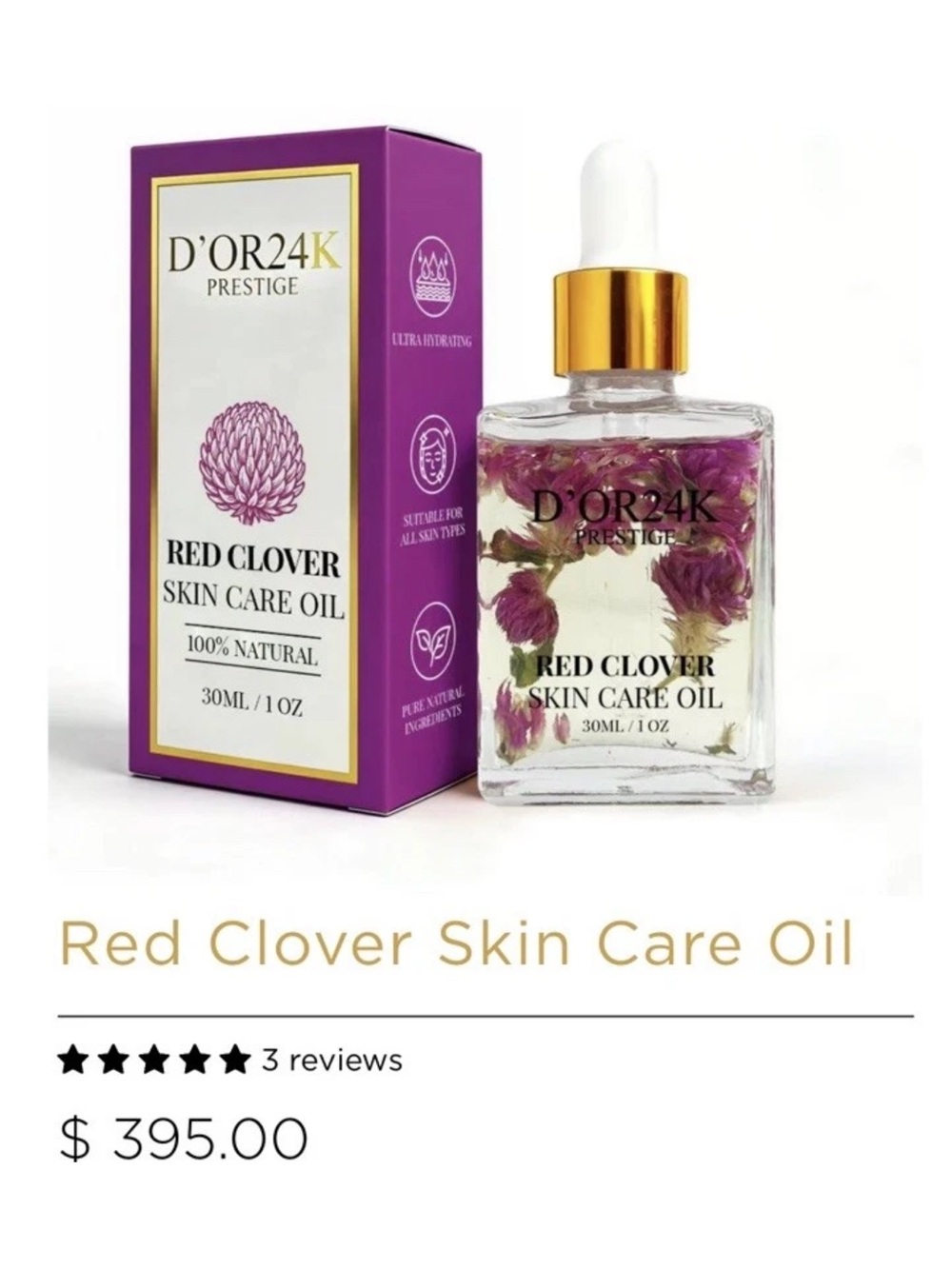 D'OR24K Prestige Red Clover Hydrating Oil 100% Natural Face Neck 30ml 1oz